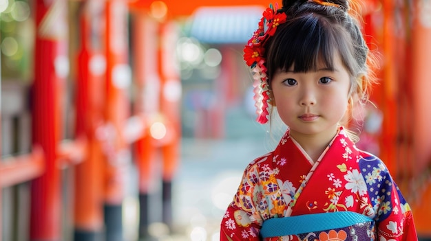 célébration du jour de la fondation de l'État du Japon portrait d'une petite fille en costume national japonais un mignon enfant en tenue de geisha sur le fond du quartier japonais