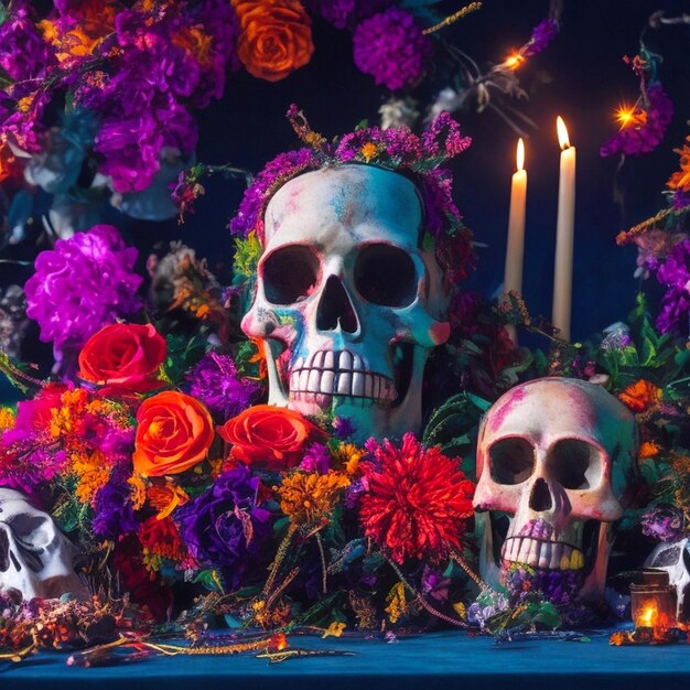 Célébration du jour des morts décorations colorées bougies et crânes décorés de fleurs