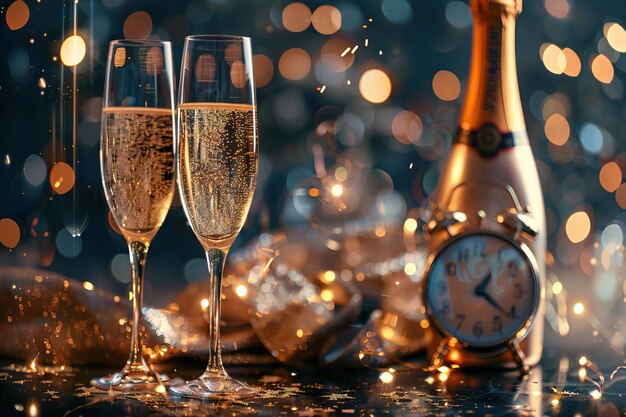 Photo célébration du nouvel an 2024 avec une horloge de champagne et des toasts