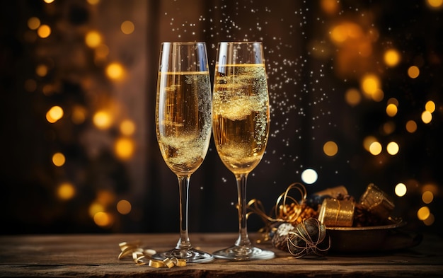 Célébration du Nouvel An avec une bouteille de champagne en arrière-plan