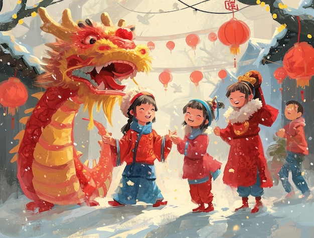 célébration du Nouvel An chinois carte de vœux avec le peuple chinois enfants et danse du dragon