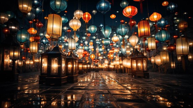 Photo célébration du nouvel an chinois avec des lanternes avec des lumières scintillantes la nuit