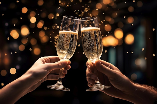 Célébration du Nouvel An deux mains joyeuses avec deux verres de champagne étincelants