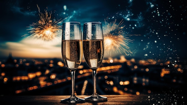 Célébration du Nouvel An avec des feux d'artifice et des verres de champagne.