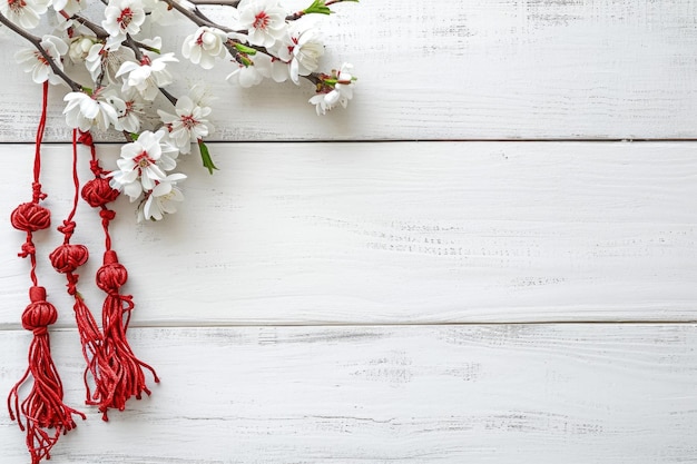 Célébration du printemps avec martisor traditionnel sur fond blanc