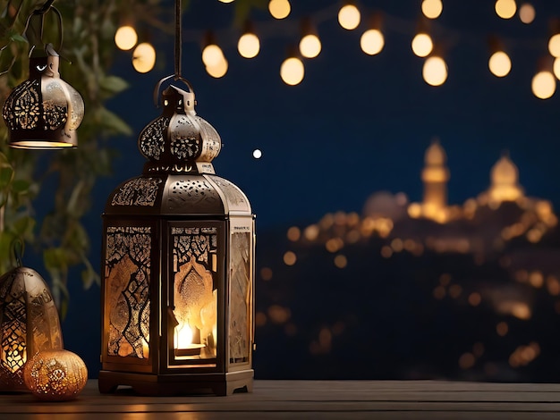 Photo célébration de l'eid mubarak islamique et de la lanterne eid al adha sur un fond noir clair