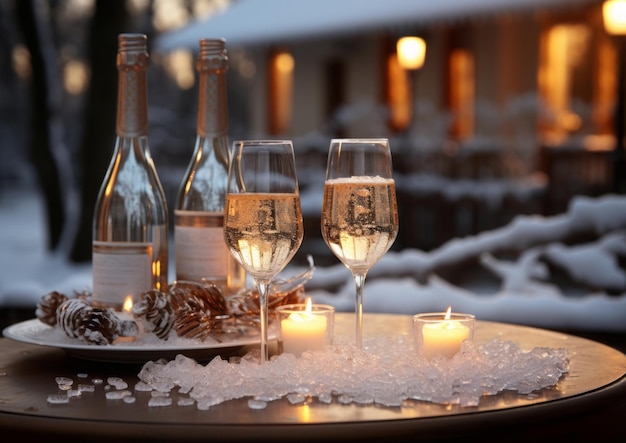 Célébration familiale élégante du Nouvel An avec des feux d'artifice au champagne et des chutes de neige
