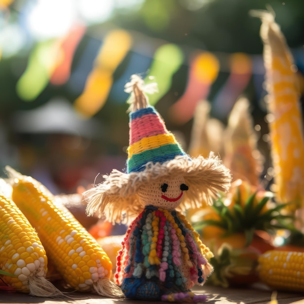 Célébration de la festa junina avec poupée en bois faite à la main sao joao fête brésilienne décorée de maïs et de guirlandes illustration générative ai