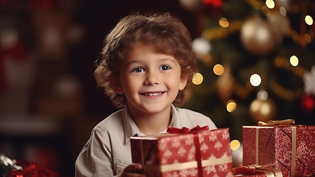 Célébration festive de Noël à la maison Enfant heureux avec coffrets cadeaux et arbre