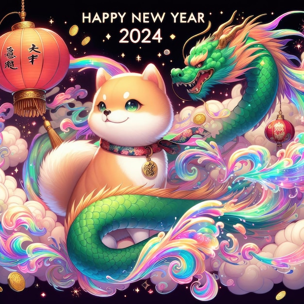 Une célébration festive pour accueillir la nouvelle année 2024 avec un dragon vert et un Shiba Inuin Chinesemeans quotWealth Comesquot