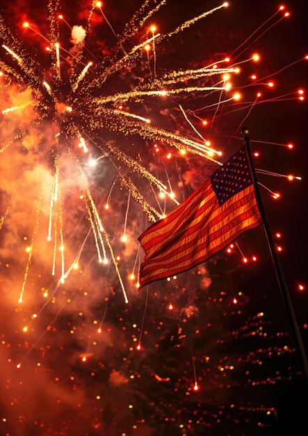 Photo célébration de la fête de l'indépendance des états-unis le 4 juillet avec le drapeau américain agité contre les feux du ciel nocturne