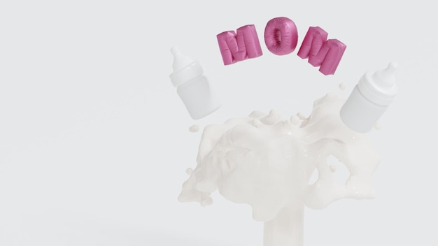 Célébration de la fête des mères heureuse texte de maman avec biberon sur l'espace de copie des éclaboussures de lait ajouter du texte rendu 3D