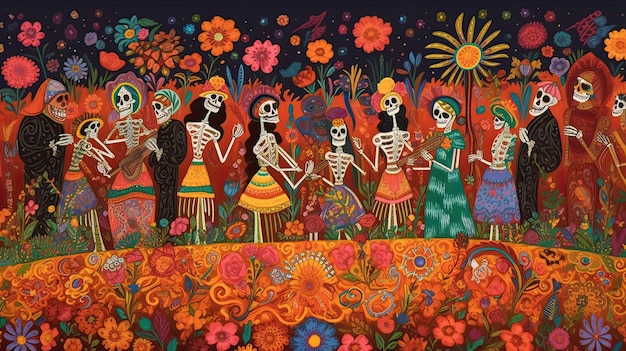 Célébration de la fête des morts mexicaine Illustration en technique gouache