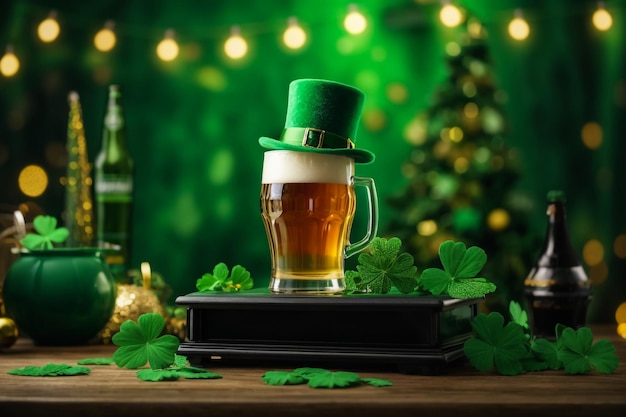 Célébration de la fête de Saint-Patrick 3D avec un verre de bière de podium et un chapeau vert sur un fond vert
