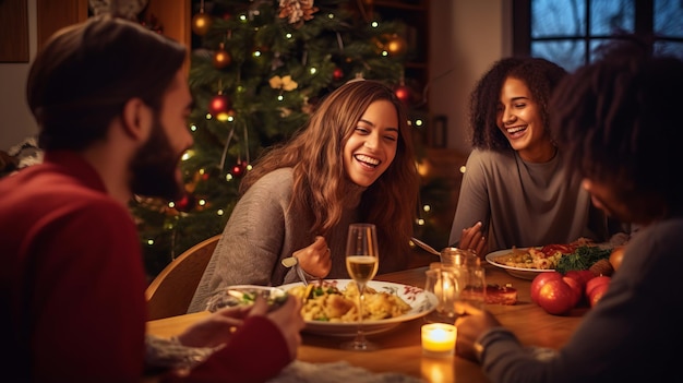 célébration des fêtes et concept de personnes amis multiethniques heureux en train de dîner de Noël à la maison