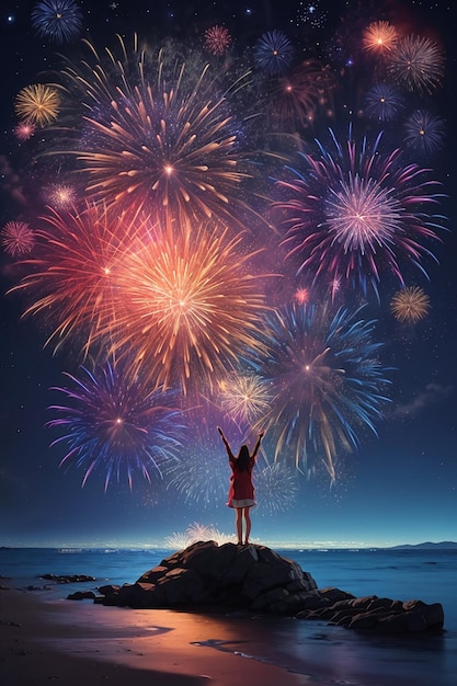 Célébration de feux d'artifice dans le ciel nocturne au-dessus de la mer