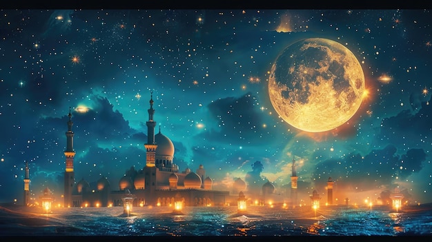 Célébration islamique du Ramadan et de l'Eid Mubarak Design avec boîte cadeau au croissant de lune et illustration 3D