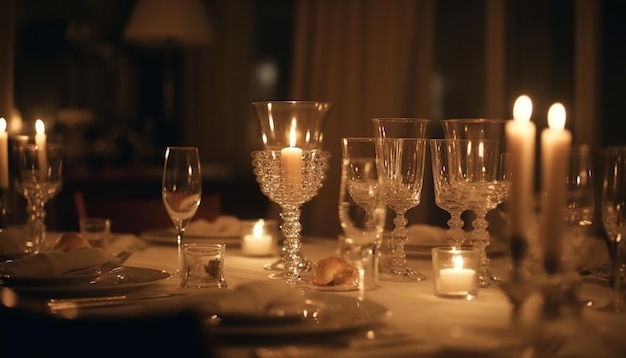 Célébration de luxe aux chandelles sur une élégante table à manger générée par l'IA