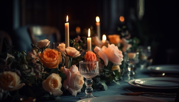 Célébration de mariage élégante avec des fleurs aux chandelles et des plats gastronomiques générés par l'IA