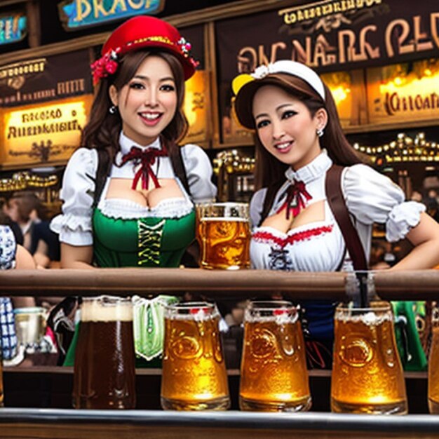 Célébration de l'Oktoberfest avec deux barmen et une bière