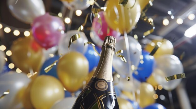 Photo célébration en or du 50e anniversaire du bouchon avec un ballon de bouteille de champagne