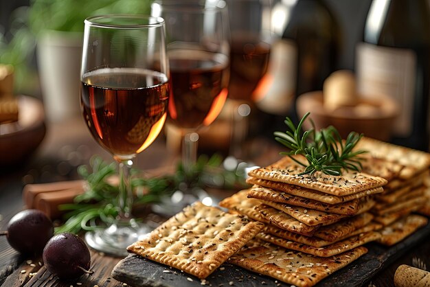 La célébration de la Pâque avec du vin et de la matze sur le fond en bois