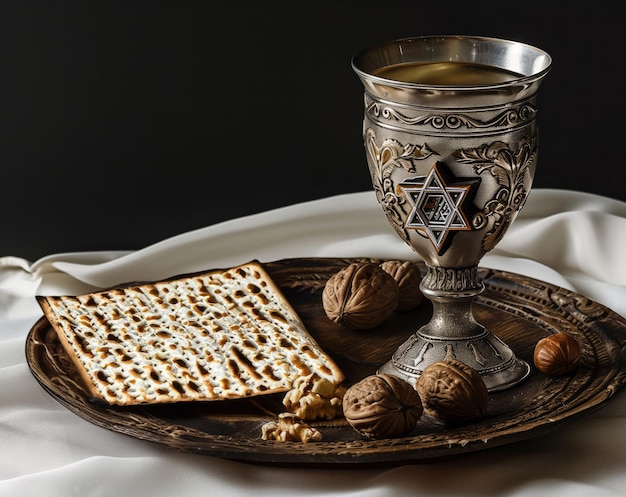 Célébration de la Pâque juive avec des attributs de Pâque avec une coupe de vin casher matzah pain plat pain sans levain