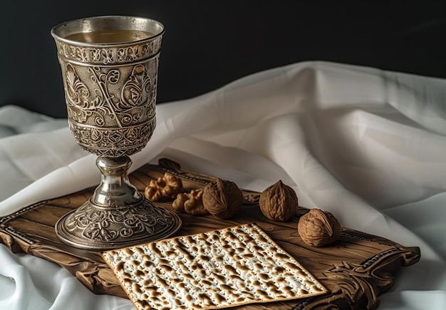 Célébration de la Pâque juive avec des attributs de Pâque avec une coupe de vin casher matzah pain plat pain sans levain