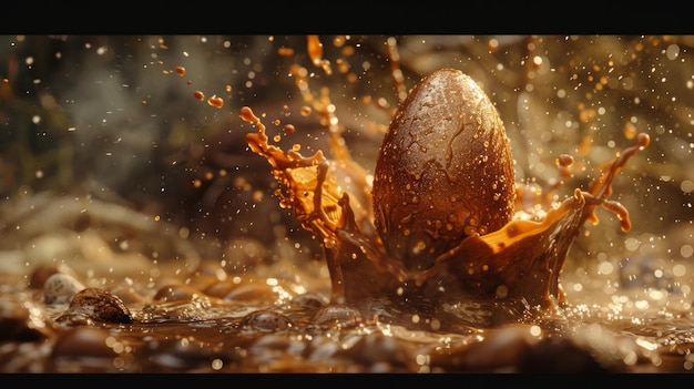 Célébration de Pâques avec un œuf au chocolat éclaboussure un moment gelé dans le temps décadente et joyeuse IA générative