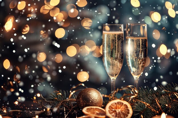 Célébration de la veille du Nouvel An à l'arrière-plan avec du champagne