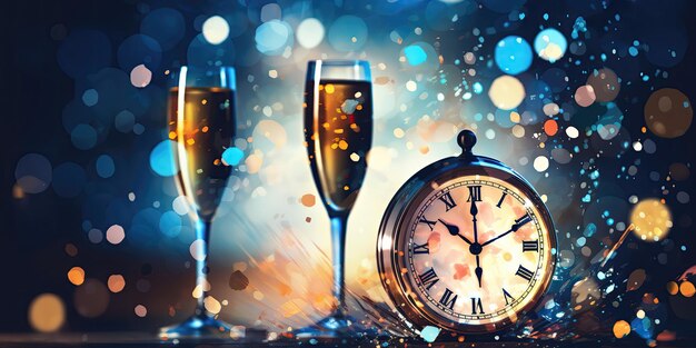 Photo célébration de la veille du nouvel an avec champagne et compte à rebours jusqu'aux feux d'artifice de minuit.