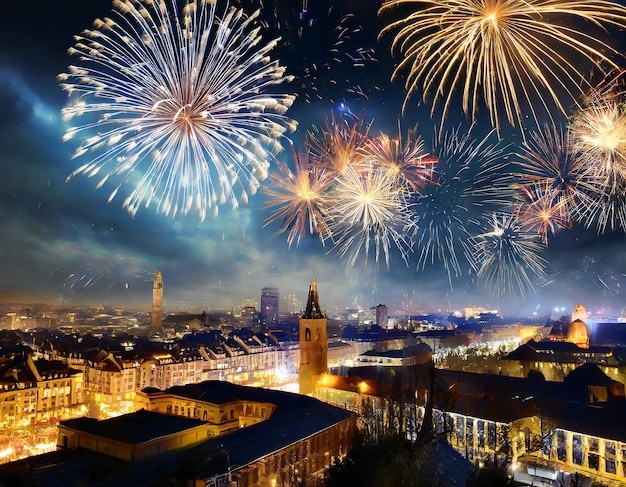Célébration de la veille du Nouvel An avec des vues du ciel et des feux d'artifice avec des lumières étincelantes de la ville
