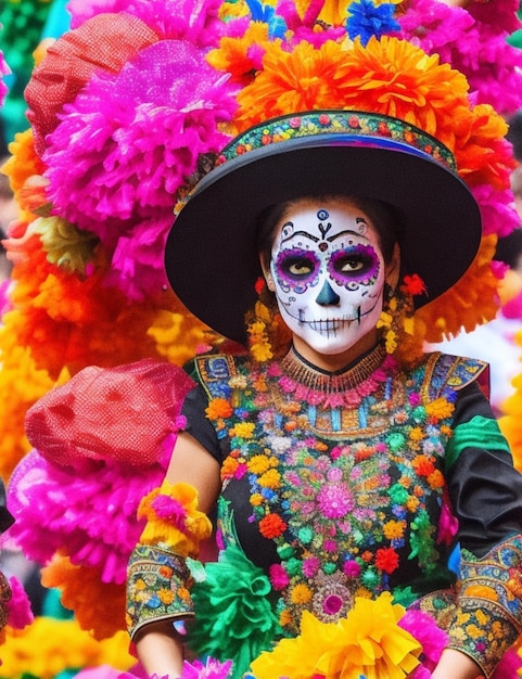 Une célébration vibrante et colorée du jour des morts avec des crânes de sucre de marigolds et vibrante