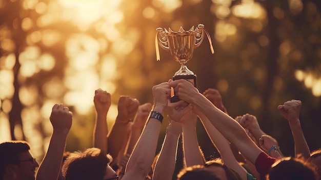 Photo célébration de la victoire avec un trophée au coucher du soleil ai generative