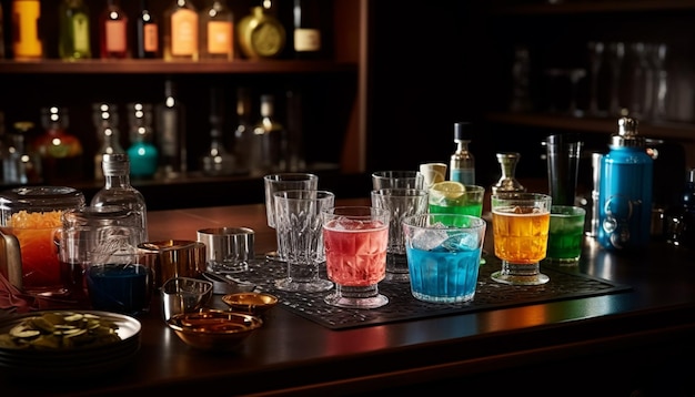 Célébration de la vie nocturne au comptoir du bar avec des cocktails multicolores générés par l'IA