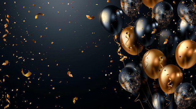 Des célébrations en arrière-plan avec des ballons noirs et dorés, des confettis serpentins et des étincelles.