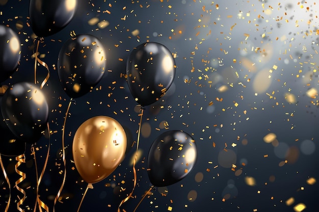 Des célébrations en arrière-plan avec des ballons noirs et dorés, des confettis serpentins et des étincelles.