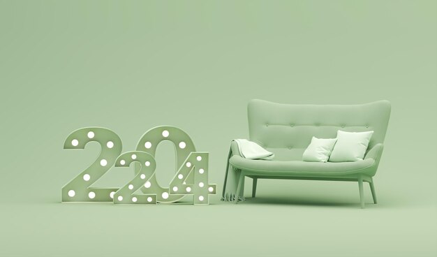 Célébrations de la nouvelle année 2024 avec un numéro de néon vert pastel Design d'intérieur pour les vacances