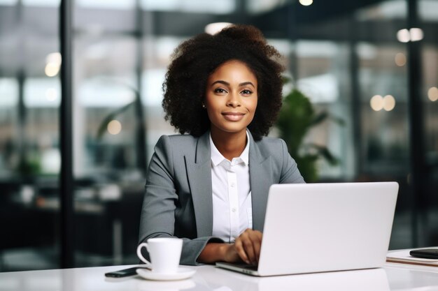 Photo une célèbre experte en finance de 30 ans, une femme noire confiante en tenue d'affaires.