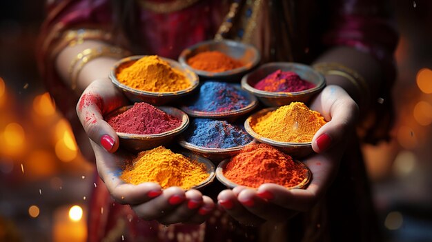 Célèbre festival indien HOLI une fille main de nombreuses couleurs de poudre célébrant