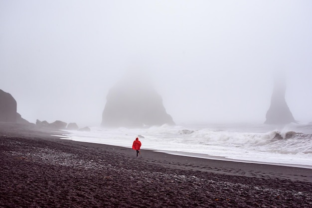 Célèbre plage de sable noir Vik en Islande. Personne en imperméable rouge courant au bord de la mer dans le brouillard