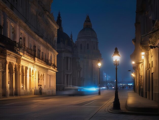 Une célèbre rue de la ville éclairée par des lampadaires au crépuscule