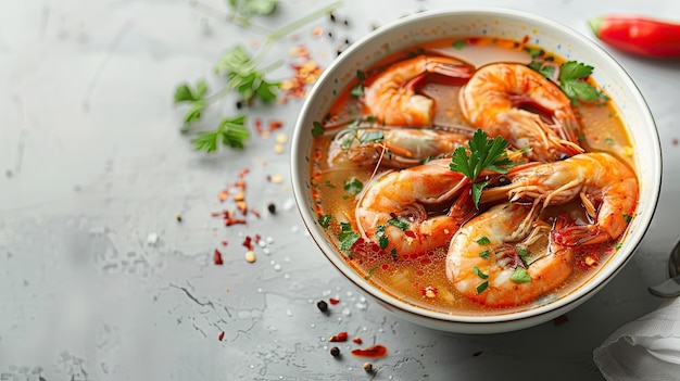 La célèbre soupe thaïlandaise chaude et épicée Tom Yum Kungquot soupe de crevettes de noix de coco avec des nouilles et des champignons shiitake sur une table