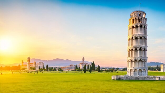 La célèbre tour penchée, magnifique coucher de soleil à Pise, en Italie