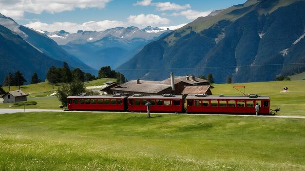 Le célèbre train panoramique touristique électrique rouge dans le village suisse de Lungern, canton d'Obwalden, Suisse