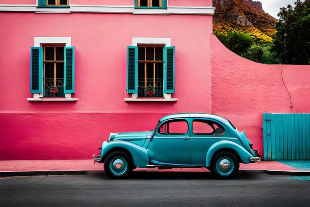 Célèbre voiture rétro aux couleurs vives garée près de maisons colorées dans le quartier de Bo Kaap à Cape Town