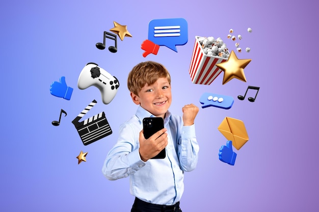 Célébrer le garçon avec des icônes de divertissement en ligne pour smartphone