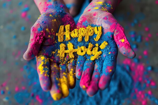 Photo célébrer holi avec des poudres colorées et des mains exubérantes