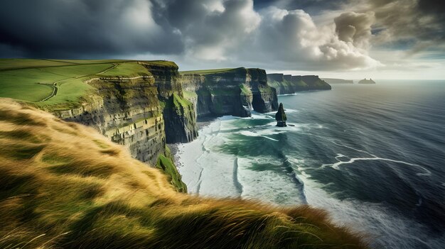 Célèbres falaises de Moher dans le comté de Clare Irlande Image panoramique Falaises de Moher dans le brouillard