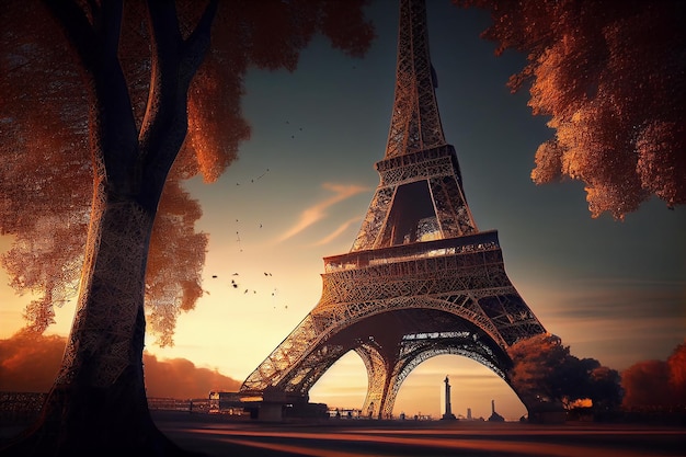 Célèbres monuments parisiens illuminés au crépuscule IA générative